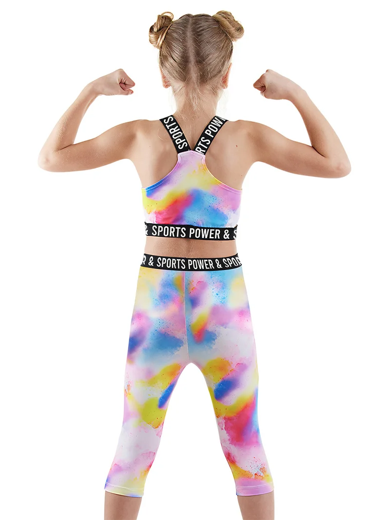 دينوكيدس طقم ملابس رياضية للبنات بنقشة الصبغة العصرية بلوزة قصيرة وسروال ضيق